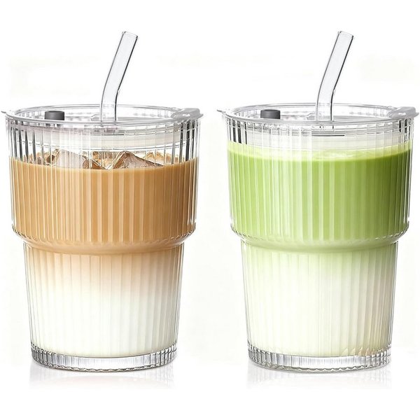 FANNOU Gläser-Set Gerippte Glasbecher mit Deckel und Strohhalm, 2-tlg., luftdichtes und wasserdichtes Design, ideal als Kaffee