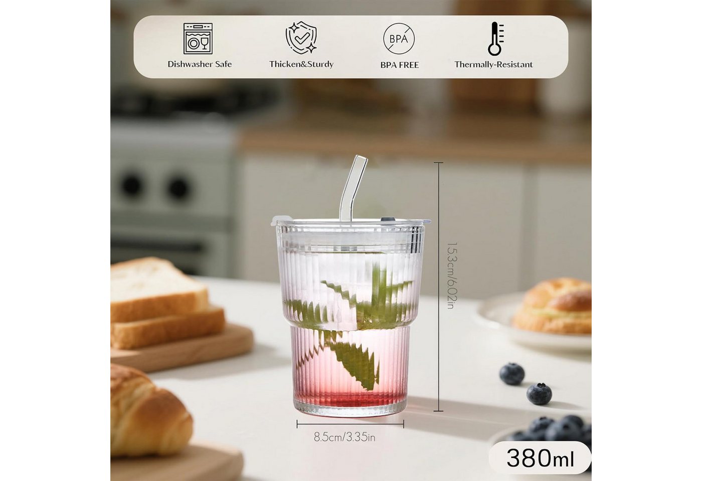 FANNOU Gläser-Set Gerippte Glasbecher mit Deckel und Strohhalm, 2-tlg., luftdichtes und wasserdichtes Design, ideal als Kaffee – Bild 2 von 5