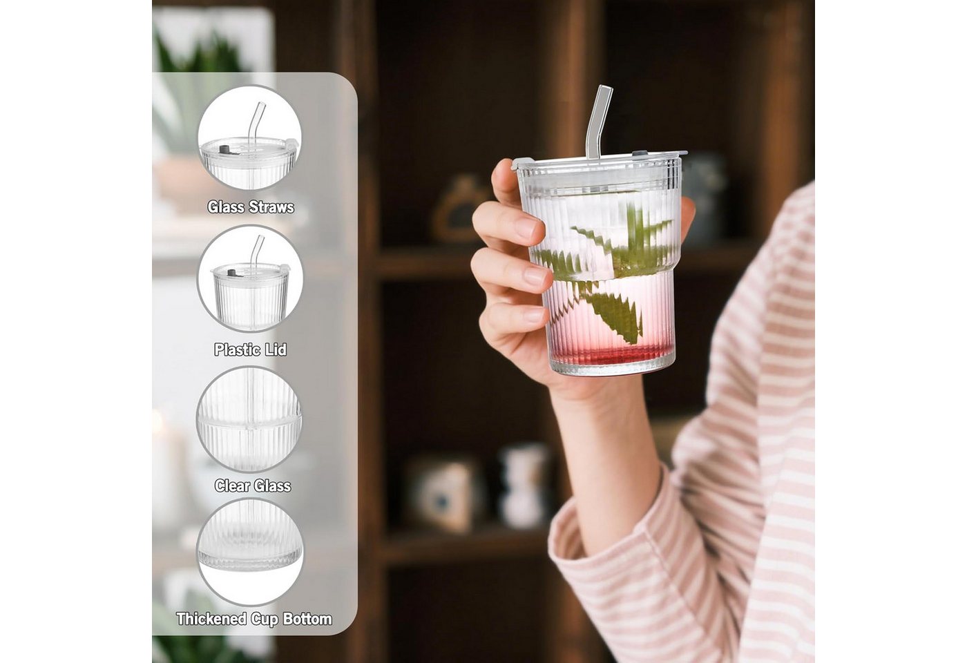 FANNOU Gläser-Set Gerippte Glasbecher mit Deckel und Strohhalm, 2-tlg., luftdichtes und wasserdichtes Design, ideal als Kaffee – Bild 3 von 5