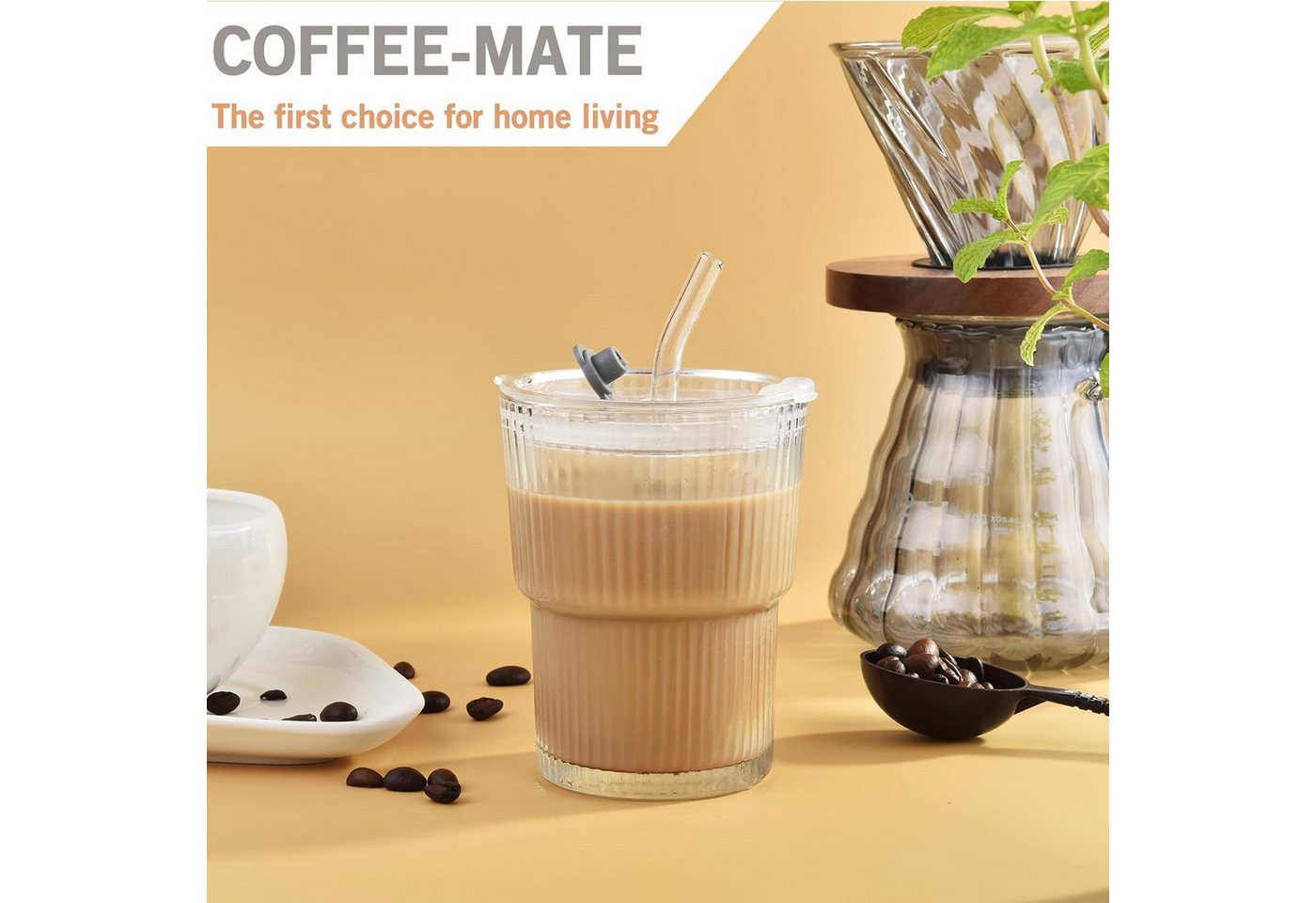 FANNOU Gläser-Set Gerippte Glasbecher mit Deckel und Strohhalm, 2-tlg., luftdichtes und wasserdichtes Design, ideal als Kaffee – Bild 4 von 5
