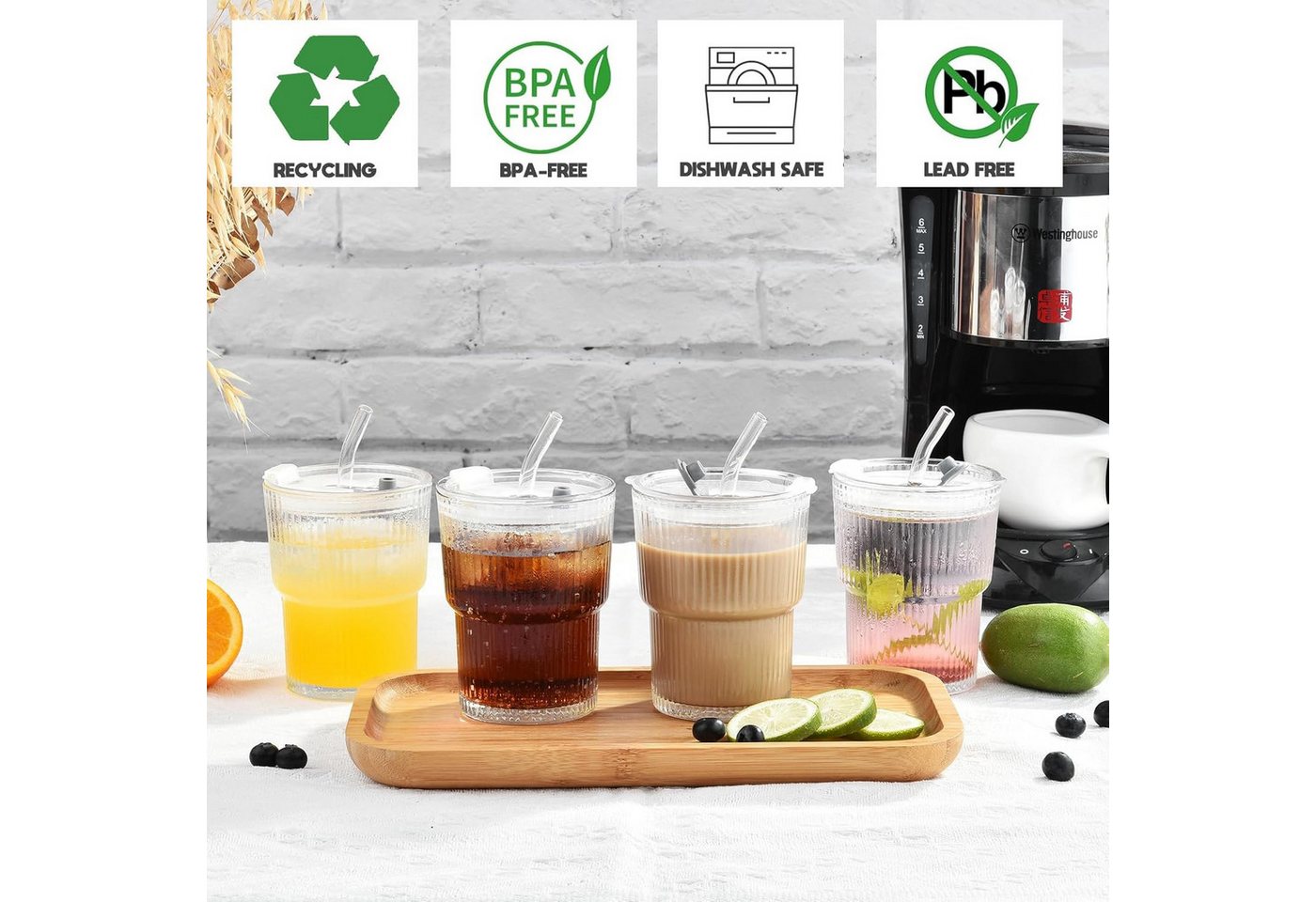 FANNOU Gläser-Set Gerippte Glasbecher mit Deckel und Strohhalm, 2-tlg., luftdichtes und wasserdichtes Design, ideal als Kaffee – Bild 5 von 5