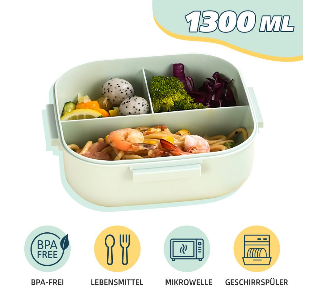FANNOU Lunchbox Lunch-Behälter (3 Fächer), Auslaufsicher & BPA-frei-mit Besteck, für Kinder und Erwachsene Brotdose mit Fächern – Bild 2 von 5