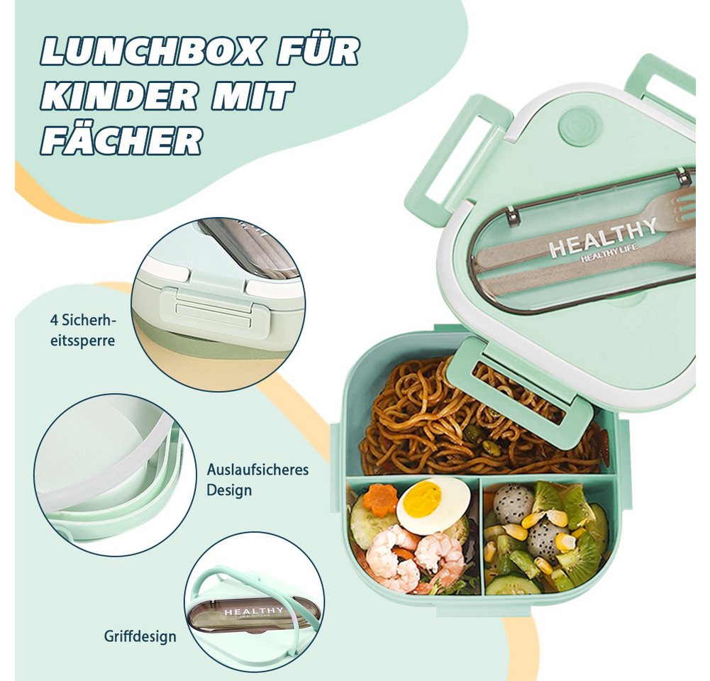 FANNOU Lunchbox Lunch-Behälter (3 Fächer), Auslaufsicher & BPA-frei-mit Besteck, für Kinder und Erwachsene Brotdose mit Fächern – Bild 3 von 5