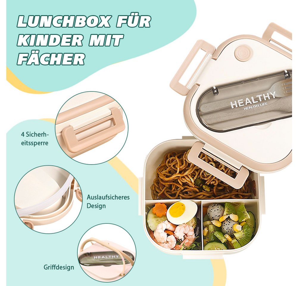 FANNOU Lunchbox Lunch-Behälter (3 Fächer), Auslaufsicher & BPA-frei-mit Besteck, für Kinder und Erwachsene Brotdose mit Fächern – Bild 3 von 5