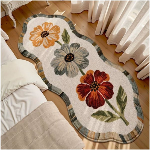 FANNOU Teppich Kurzflor, Teppiche Schlafzimmer Weich Modern Imitationskaschmir, 50x110cm, mit rutschfest Unterseite Blume Stil Schlafzimmerteppich Waschbar
