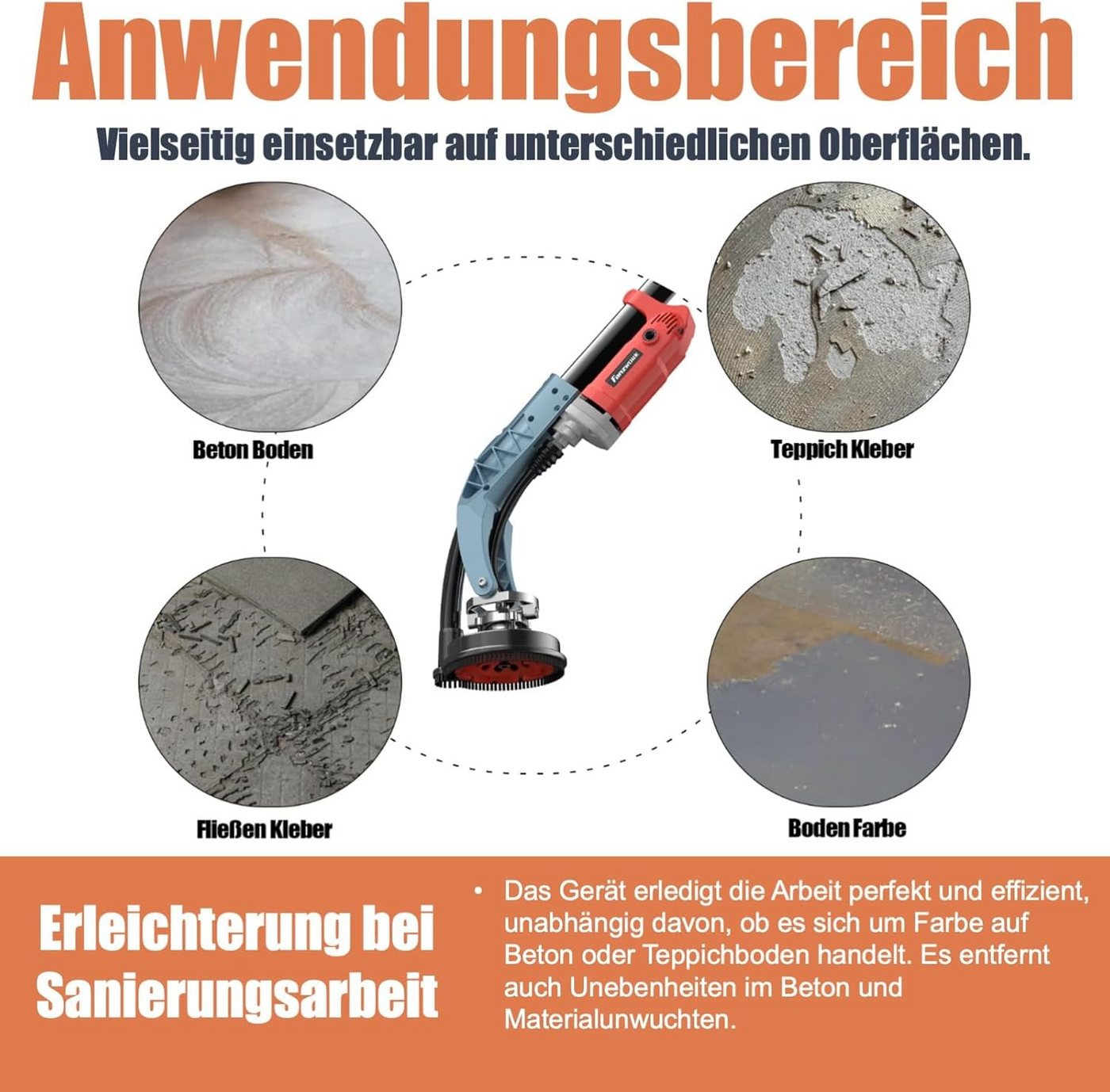 Fanzwork Winkelschleifer Betonschleifer 1010W mit Teleskopstange bis 1,20 m Drehzahlregelbar, max. 8500 U/min, Ideal für das Glätten von Beton, Fliesenkleber un – Bild 3 von 5