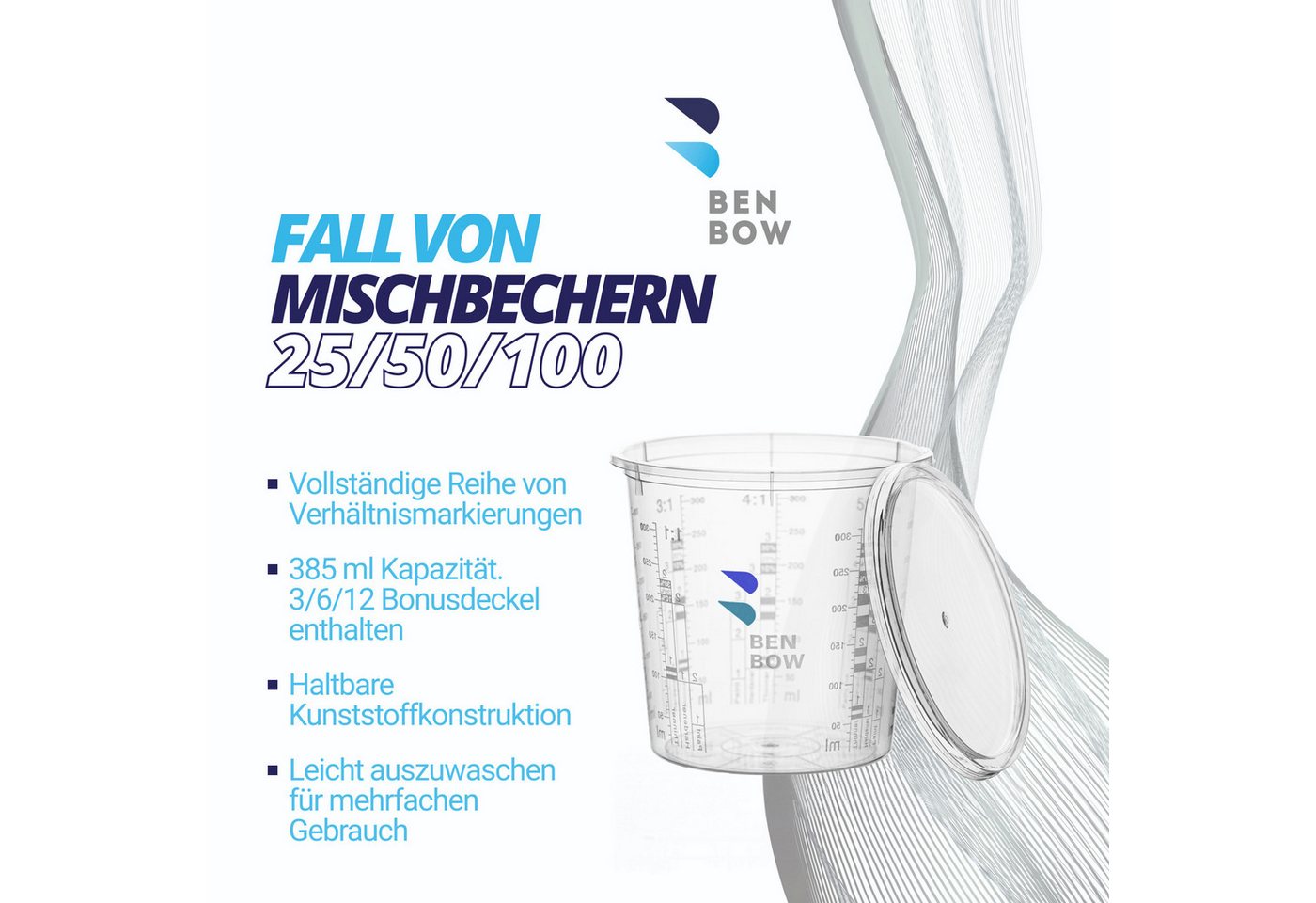 BENBOW Farbmischbehälter BenBow Profi-Messbecher (25 St), Profi-Messbecher 25x 385ml mit Deckel zum Mischen von Farben – Bild 3 von 5
