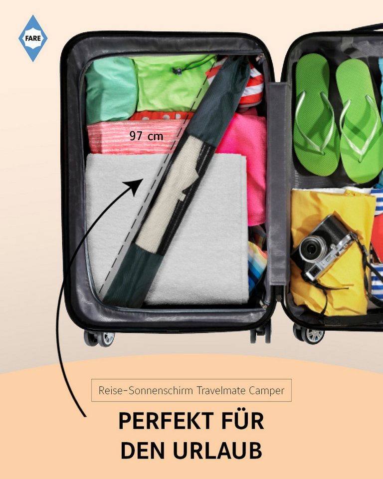 FARE Sonnenschirm Travelmate Camper, Koffertauglich, nur 725g leicht, Lichtschutzfaktor UPF 50+, Regenfest, Fiberglas, 147 cm Durchmesser – Bild 2 von 5