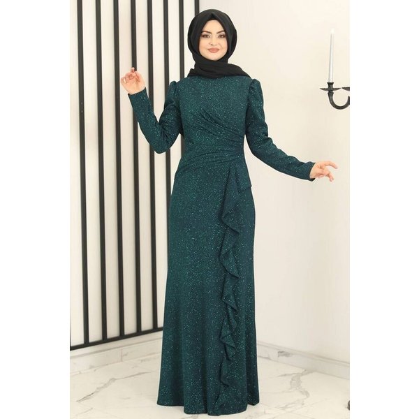 fashionshowcase Abendkleid Damen Glitzer Maxikleid mit Volant Abiye Abaya Hijab Mode Modest Fashion