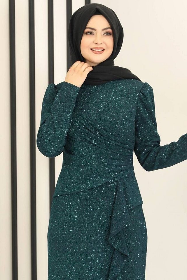 fashionshowcase Abendkleid Damen Glitzer Maxikleid mit Volant Abiye Abaya Hijab Mode Modest Fashion – Bild 2 von 5