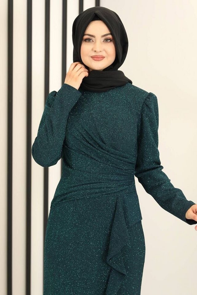 fashionshowcase Abendkleid Damen Glitzer Maxikleid mit Volant Abiye Abaya Hijab Mode Modest Fashion – Bild 3 von 5