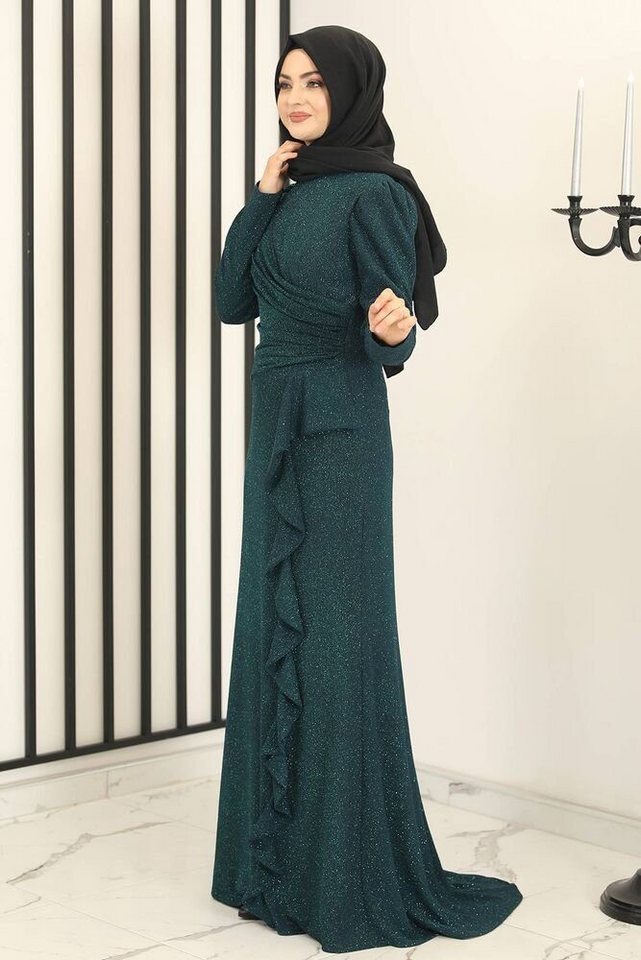 fashionshowcase Abendkleid Damen Glitzer Maxikleid mit Volant Abiye Abaya Hijab Mode Modest Fashion – Bild 4 von 5