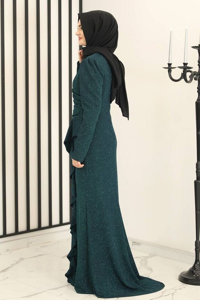 fashionshowcase Abendkleid Damen Glitzer Maxikleid mit Volant Abiye Abaya Hijab Mode Modest Fashion – Bild 5 von 5