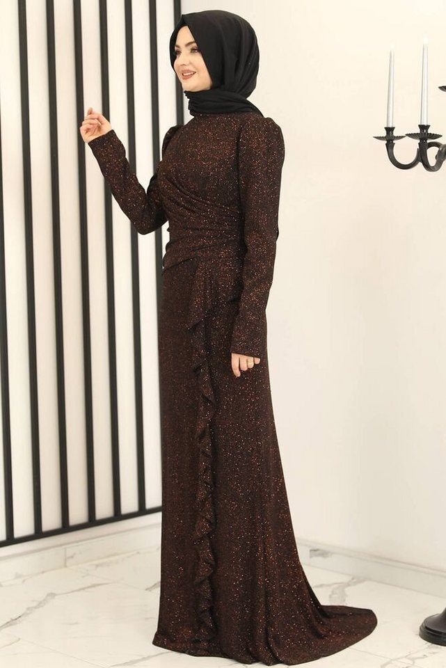fashionshowcase Abendkleid Damen Glitzer Maxikleid mit Volant Abiye Abaya Hijab Mode Modest Fashion – Bild 4 von 5