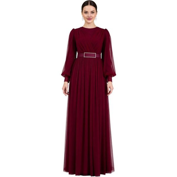 fashionshowcase Abendkleid Damen Maxikleid langarm Tüllkleid elegant mit Gürtel Modest Fashion Fließender Plissee-Rock mit taillierendem Gürtel