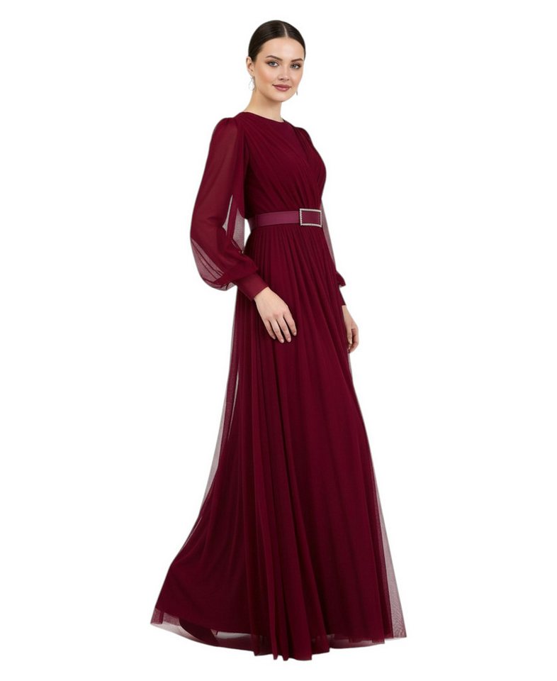 fashionshowcase Abendkleid Damen Maxikleid langarm Tüllkleid elegant mit Gürtel Modest Fashion Fließender Plissee-Rock mit taillierendem Gürtel – Bild 2 von 4
