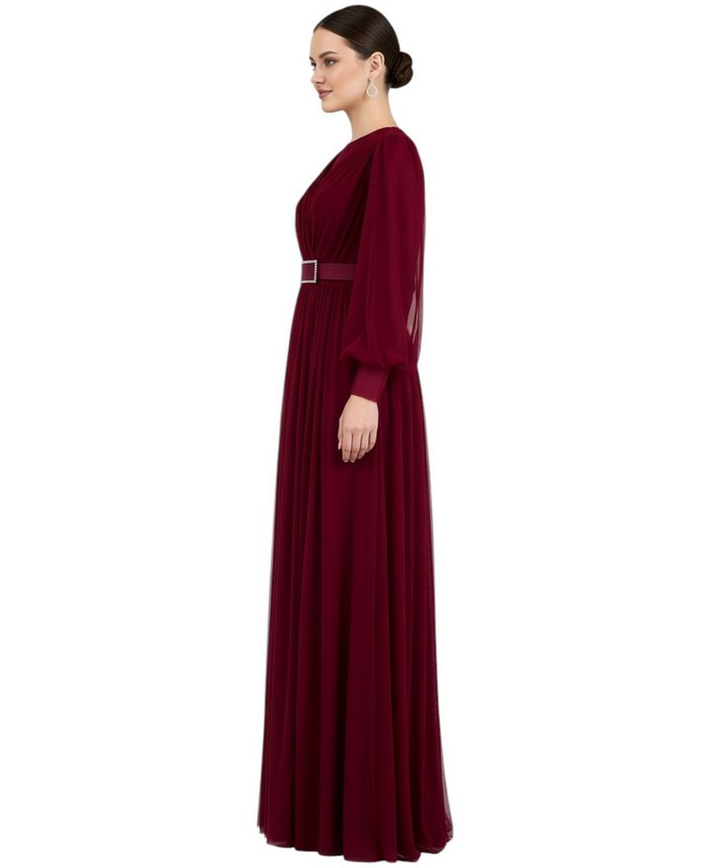 fashionshowcase Abendkleid Damen Maxikleid langarm Tüllkleid elegant mit Gürtel Modest Fashion Fließender Plissee-Rock mit taillierendem Gürtel – Bild 3 von 4