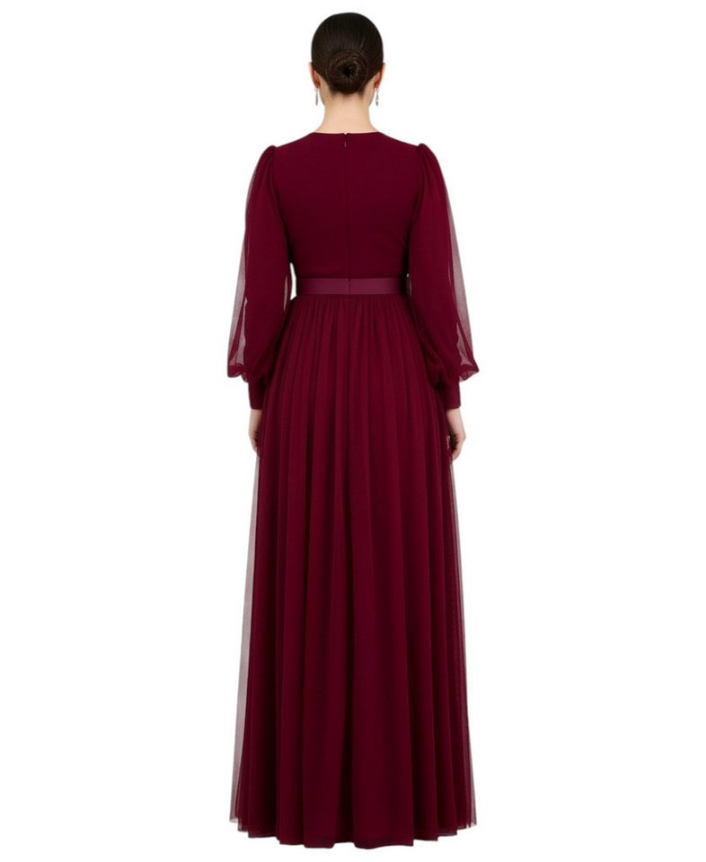 fashionshowcase Abendkleid Damen Maxikleid langarm Tüllkleid elegant mit Gürtel Modest Fashion Fließender Plissee-Rock mit taillierendem Gürtel – Bild 4 von 4