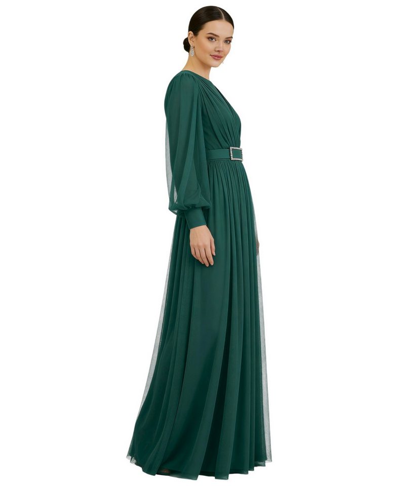 fashionshowcase Abendkleid Damen Maxikleid langarm Tüllkleid elegant mit Gürtel Modest Fashion Fließender Plissee-Rock mit taillierendem Gürtel – Bild 2 von 4