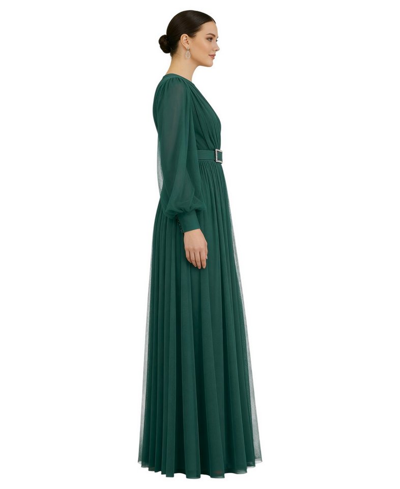 fashionshowcase Abendkleid Damen Maxikleid langarm Tüllkleid elegant mit Gürtel Modest Fashion Fließender Plissee-Rock mit taillierendem Gürtel – Bild 3 von 4