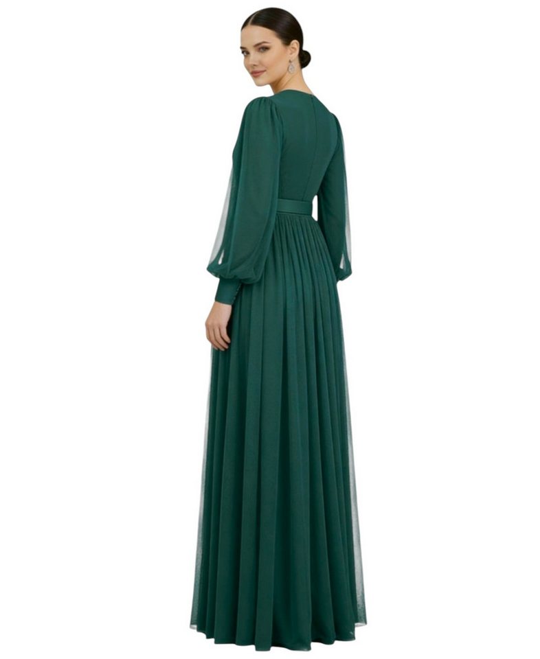 fashionshowcase Abendkleid Damen Maxikleid langarm Tüllkleid elegant mit Gürtel Modest Fashion Fließender Plissee-Rock mit taillierendem Gürtel – Bild 4 von 4
