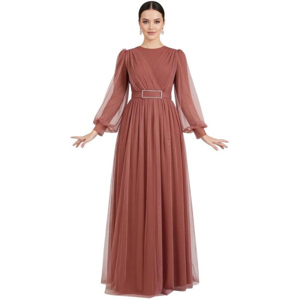 fashionshowcase Abendkleid Damen Maxikleid langarm Tüllkleid elegant mit Gürtel Modest Fashion Fließender Plissee-Rock mit taillierendem Gürtel