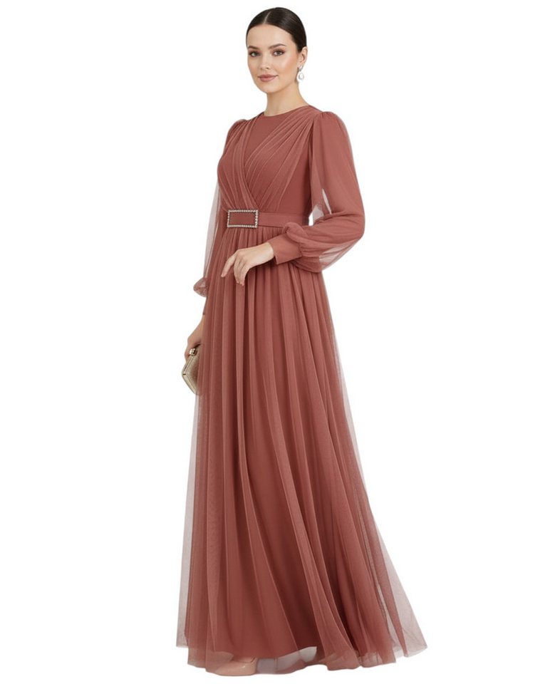 fashionshowcase Abendkleid Damen Maxikleid langarm Tüllkleid elegant mit Gürtel Modest Fashion Fließender Plissee-Rock mit taillierendem Gürtel – Bild 2 von 4