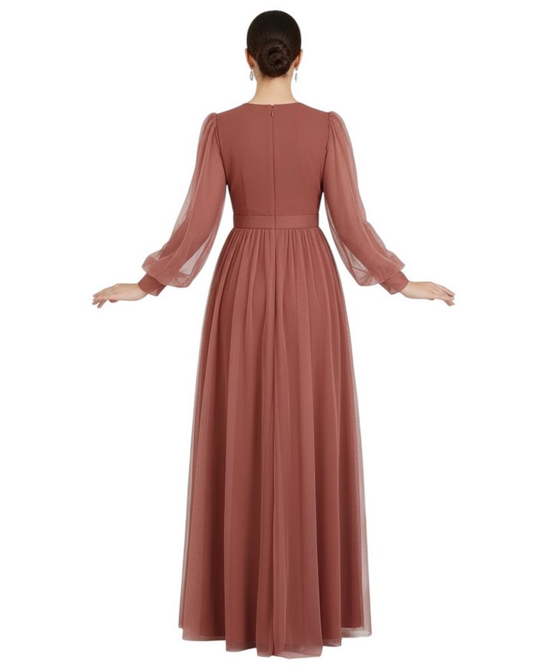 fashionshowcase Abendkleid Damen Maxikleid langarm Tüllkleid elegant mit Gürtel Modest Fashion Fließender Plissee-Rock mit taillierendem Gürtel – Bild 4 von 4