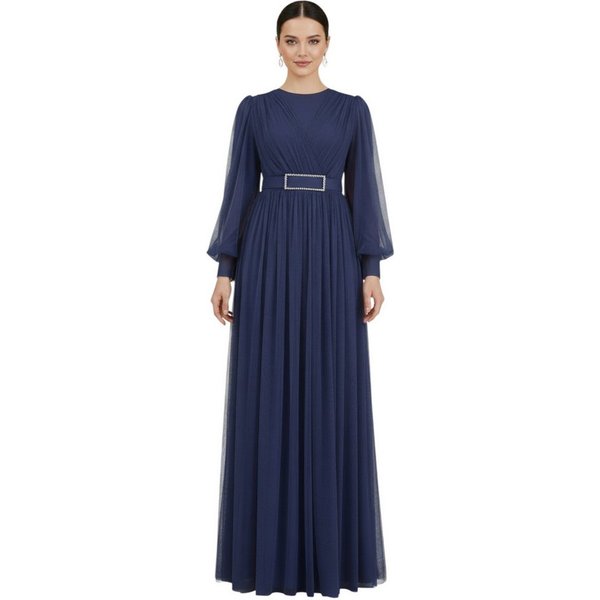 fashionshowcase Abendkleid Damen Maxikleid langarm Tüllkleid elegant mit Gürtel Modest Fashion Fließender Plissee-Rock mit taillierendem Gürtel