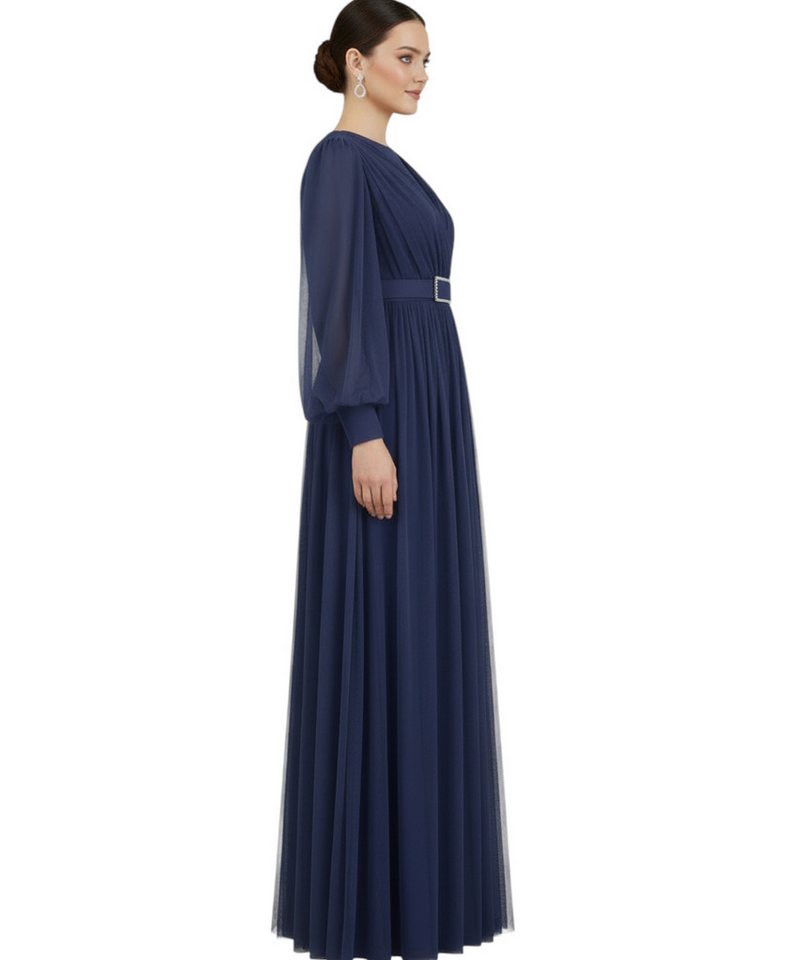 fashionshowcase Abendkleid Damen Maxikleid langarm Tüllkleid elegant mit Gürtel Modest Fashion Fließender Plissee-Rock mit taillierendem Gürtel – Bild 3 von 4