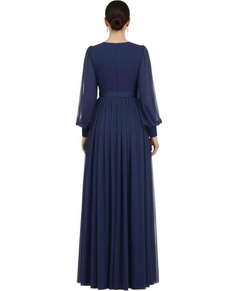 fashionshowcase Abendkleid Damen Maxikleid langarm Tüllkleid elegant mit Gürtel Modest Fashion Fließender Plissee-Rock mit taillierendem Gürtel – Bild 4 von 4