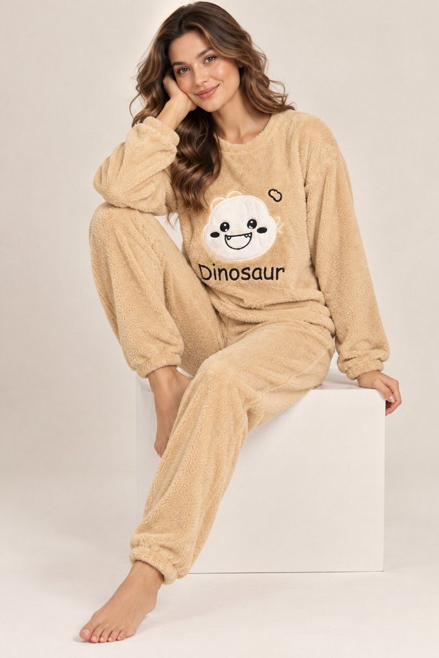 fashionshowcase Hausanzug Damen Winter Pyjama Set Schlafanzug Plüsch Zweiteiler weich – Bild 3 von 5