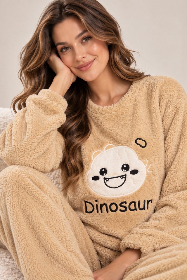 fashionshowcase Hausanzug Damen Winter Pyjama Set Schlafanzug Plüsch Zweiteiler weich – Bild 5 von 5