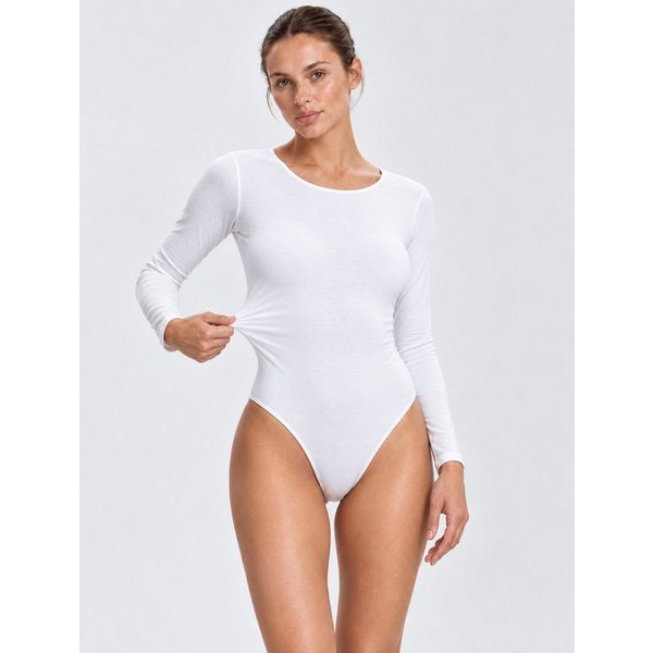 fashionshowcase Langarmbody Damen Baumwolle Bodysuit mit Hakenverschluss Basic Rundhals aus Baumwoll-Stretch mit Schrittverschluss