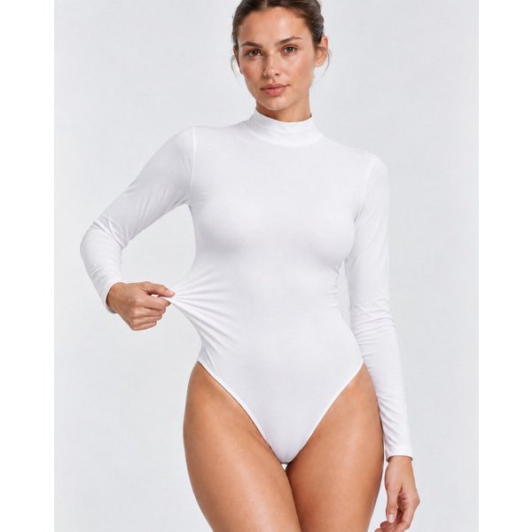 fashionshowcase Langarmbody Damen mit Halbkragen – Eleganter Bodysuit mit Hakenverschluss Hakenverschluss für einfaches An- und Ausziehen, schlichte Eleganz.