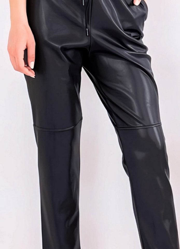 fashionshowcase Lederimitathose Damen Hose in Lederoptik - Stretch-Komfort mit Tunnelzug Mittlere Taille – Schwarz, Beige, Braun – Bild 2 von 4
