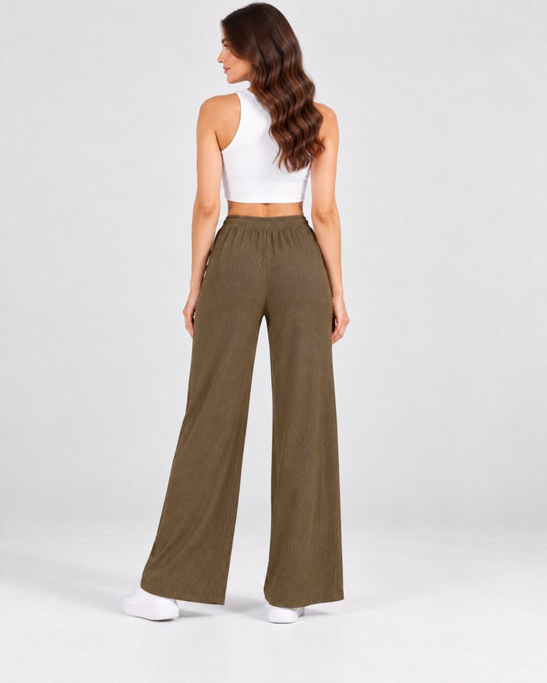 fashionshowcase Palazzohose Damen Freizeithose mit weitem Bein Crinkle Hose elastischer Bund vielseitig kombinierbar, angenehmer Freizeitkomfort – Bild 4 von 5