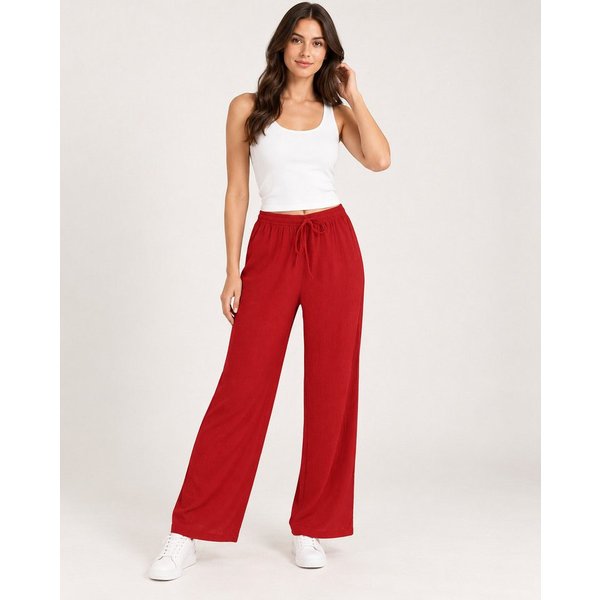 fashionshowcase Palazzohose Damen Freizeithose mit weitem Bein Crinkle Hose elastischer Bund vielseitig kombinierbar, angenehmer Freizeitkomfort