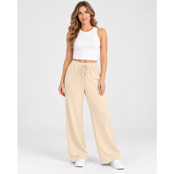 fashionshowcase Palazzohose Damen Freizeithose mit weitem Bein Crinkle Hose elastischer Bund vielseitig kombinierbar, angenehmer Freizeitkomfort