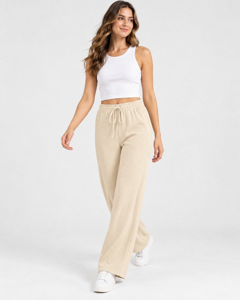 fashionshowcase Palazzohose Damen Freizeithose mit weitem Bein Crinkle Hose elastischer Bund vielseitig kombinierbar, angenehmer Freizeitkomfort – Bild 3 von 5
