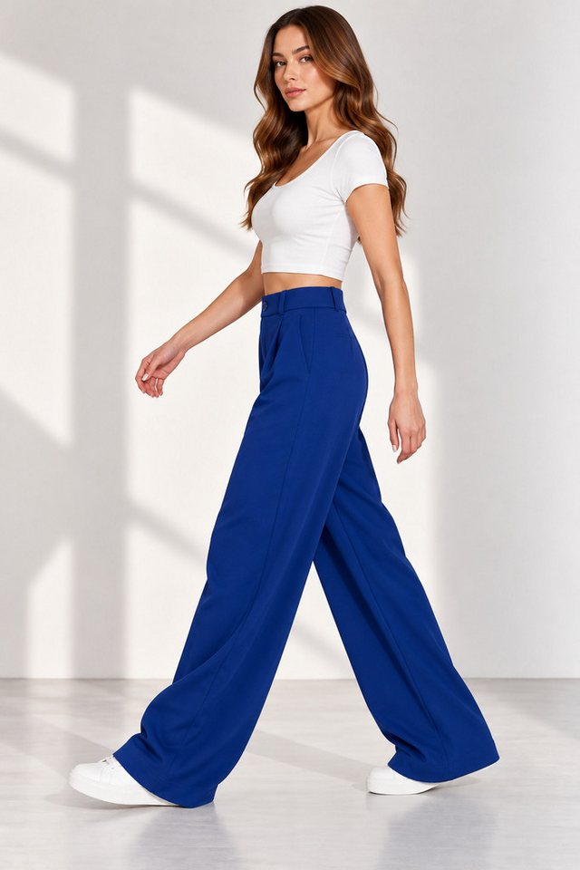 fashionshowcase Palazzohose Stoffhose Marlenehose mit elastischem High-Waist-Bund und weitem Bein Bundfalten, komfortabler Stretchbund, vielseitiger Business-Lo – Bild 4 von 5
