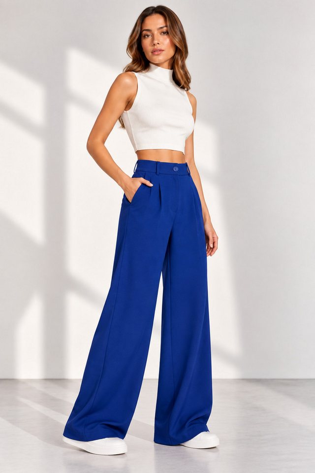 fashionshowcase Palazzohose Stoffhose Marlenehose mit elastischem High-Waist-Bund und weitem Bein Bundfalten, komfortabler Stretchbund, vielseitiger Business-Lo – Bild 5 von 5