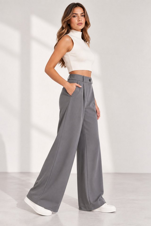 fashionshowcase Palazzohose Damen Stoffhose Marlenehose mit elastischem, hohem Bund Weites Bein, elastischer Bund für hohen Komfort – Bild 5 von 5