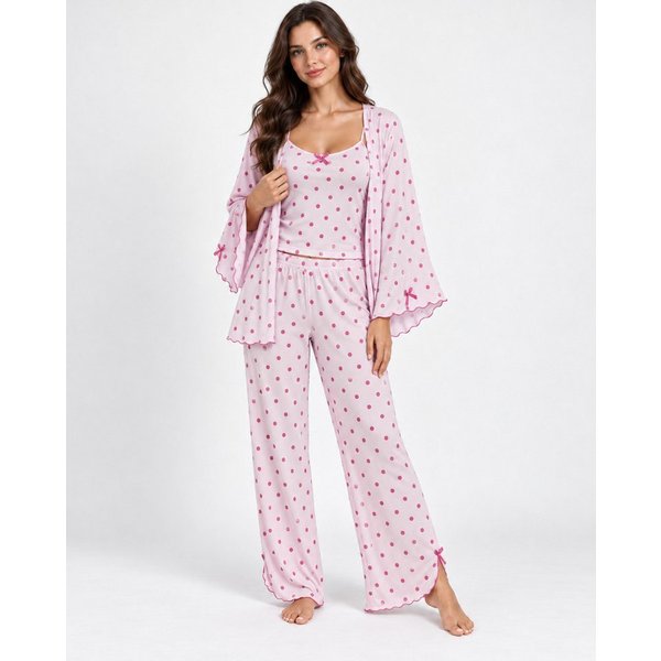 fashionshowcase Pyjama Damen 3-teiliges Set - Hausanzug mit Top, Hose & Morgenmantel (Nachtwäsche-Set, 3 tlg) Dreiteiliges Damen Set mit Muster und Details
