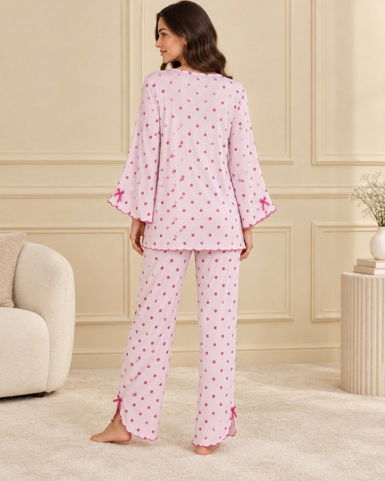 fashionshowcase Pyjama Damen 3-teiliges Set - Hausanzug mit Top, Hose & Morgenmantel (Nachtwäsche-Set, 3 tlg) Dreiteiliges Damen Set mit Muster und Details – Bild 4 von 5