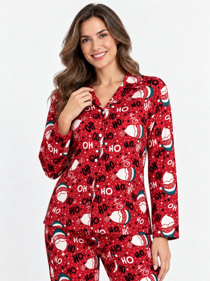 fashionshowcase Pyjama Damen Schlafanzug mit Weihnachtsmotiven, Baumwoll-Elasthan, Winter (2 tlg) weihnachtliche Motive – Bild 4 von 4
