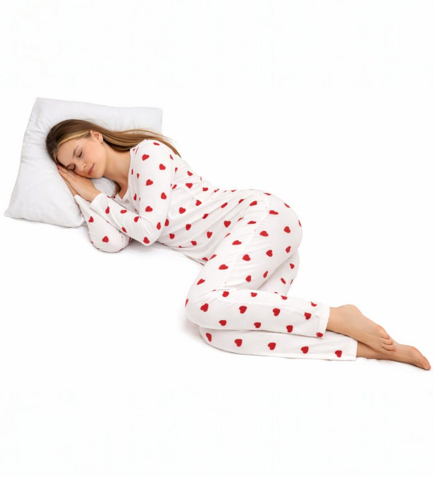 fashionshowcase Pyjama Damen Schlafanzug Set 2-teilig mit Herzmuster – Bequemer Hausanzug (2-teiliges Set (Oberteil & Hose) elastischer Bund – Bild 4 von 4