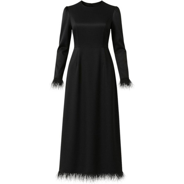 fashionshowcase Satinkleid Damen Abendkleid schlicht Abiye Abaya Modest Fashion Federdetails am Saum und an den Ärmelabschlüssen
