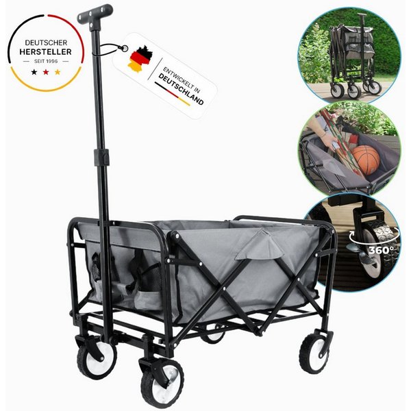 FASports Bollerwagen Gardenio mit Bremsen, Upgrade-Version (längerer Lenkstange), faltbar, bis 80 kg belastbar, fasst 61 Liter