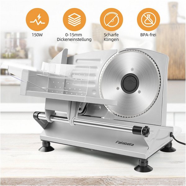 FATABETA Allesschneider Brotschneidemaschine Elektrisch, Edelstahl Aufschnittmaschine, 150,00 W, mit stufenlos einstellbarer Schnittstärke,mit Abnehmbarer 17 cm
